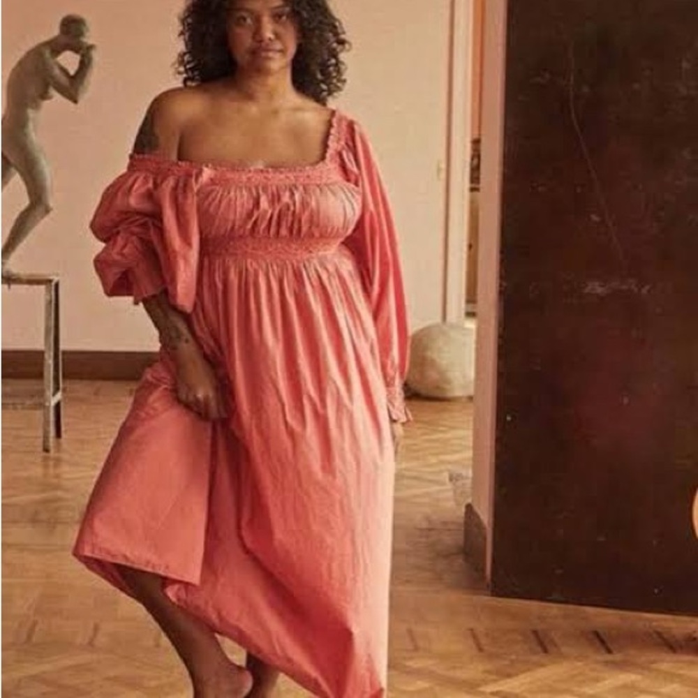 Doen Coral Off-Shoulder Smocked Midi Dress